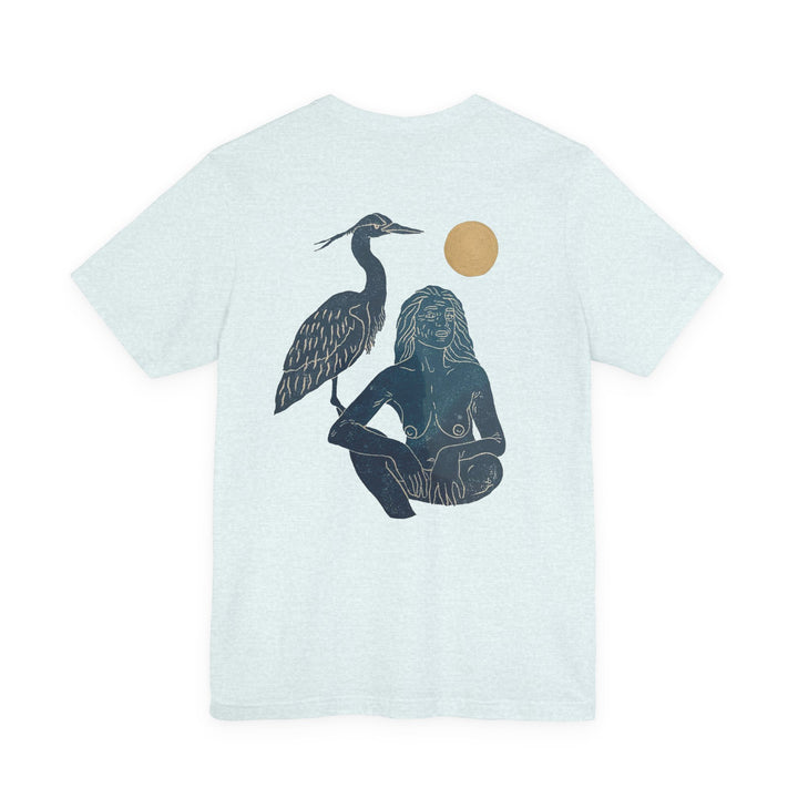 Bohemian Art Tee with Heron Design, Unisex Short Sleeve Shirt, Artistic Graphic Tee, Nature Lover Gift, Casual Wear