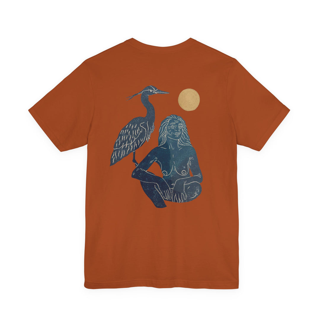 Bohemian Art Tee with Heron Design, Unisex Short Sleeve Shirt, Artistic Graphic Tee, Nature Lover Gift, Casual Wear