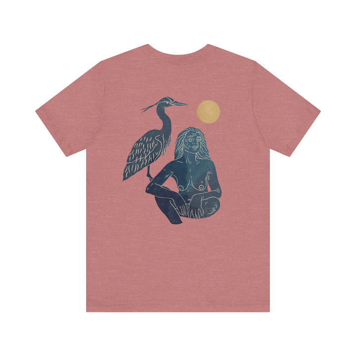 Bohemian Art Tee with Heron Design, Unisex Short Sleeve Shirt, Artistic Graphic Tee, Nature Lover Gift, Casual Wear