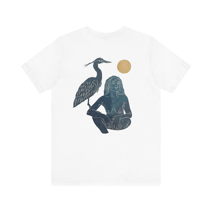 Bohemian Art Tee with Heron Design, Unisex Short Sleeve Shirt, Artistic Graphic Tee, Nature Lover Gift, Casual Wear